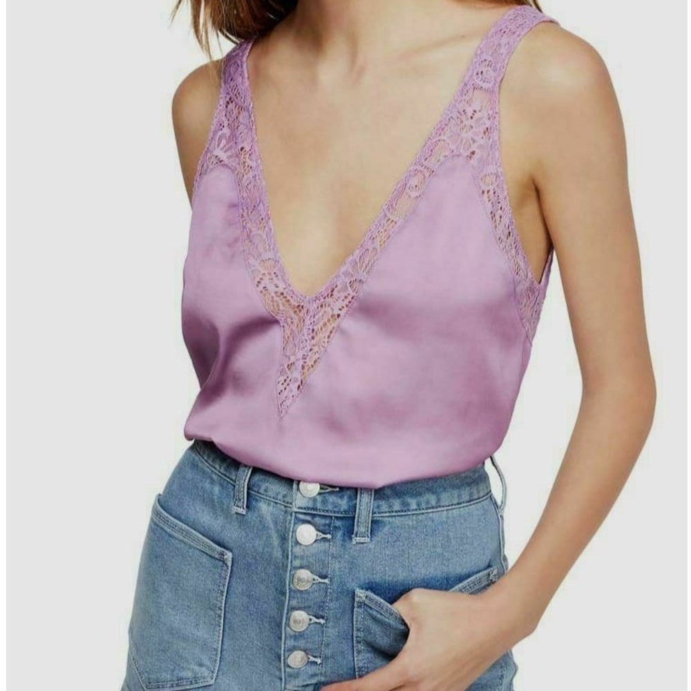 NWT Free People Hydrangea Lace Satin V-Neck Camisole Top Purple OB809904 Women M